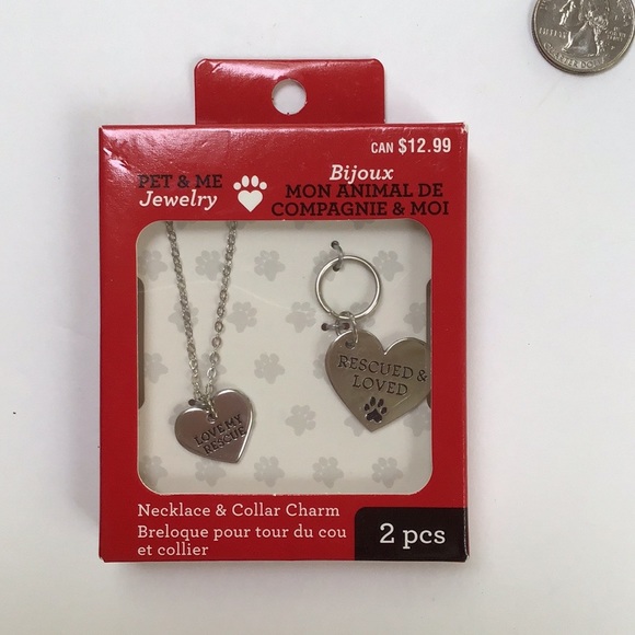 Pet&Me Silver Heart Love My Rescue Necklace & Collar Charm Set NWT - Picture 4 of 10